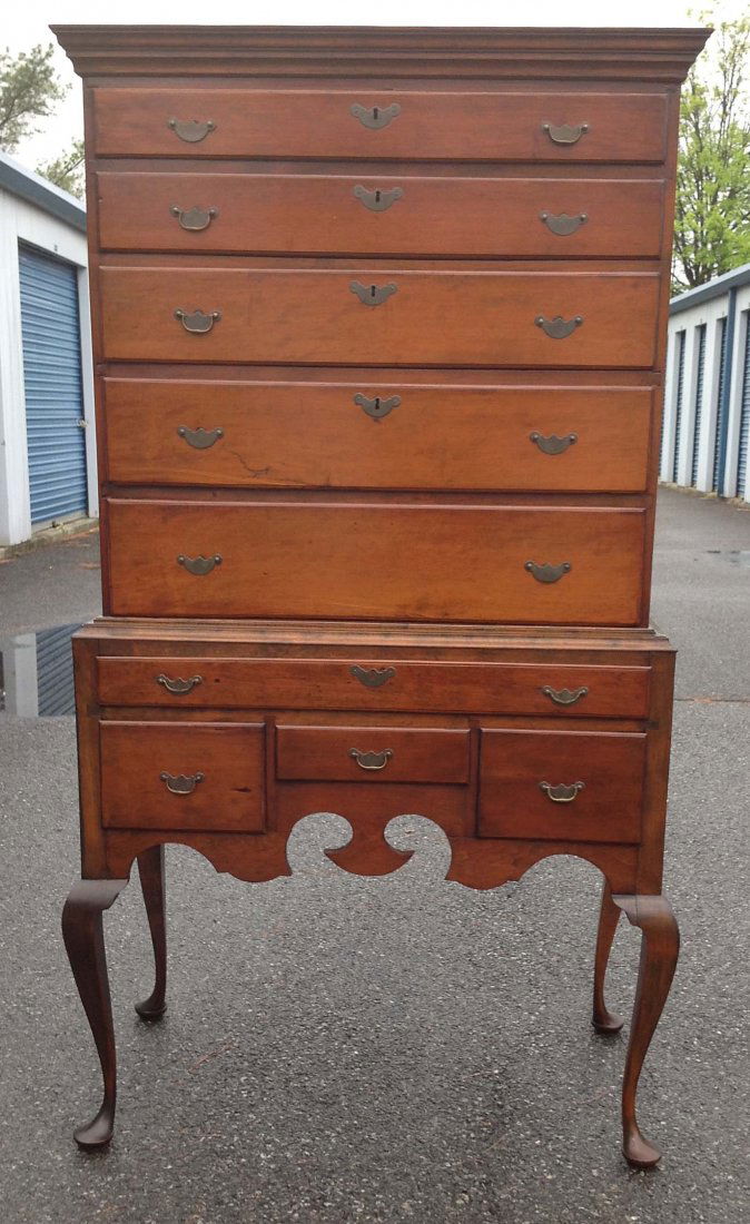 18th C. Highboy from stone house in Stockade district: 18th C. Highboy from stone house in Stockade district Kingston, NY purchased from Fred Johnson antiques in Kingston, NY in the 1940s, appears to have old refinish, missing some drawer pulls, 2 pieces