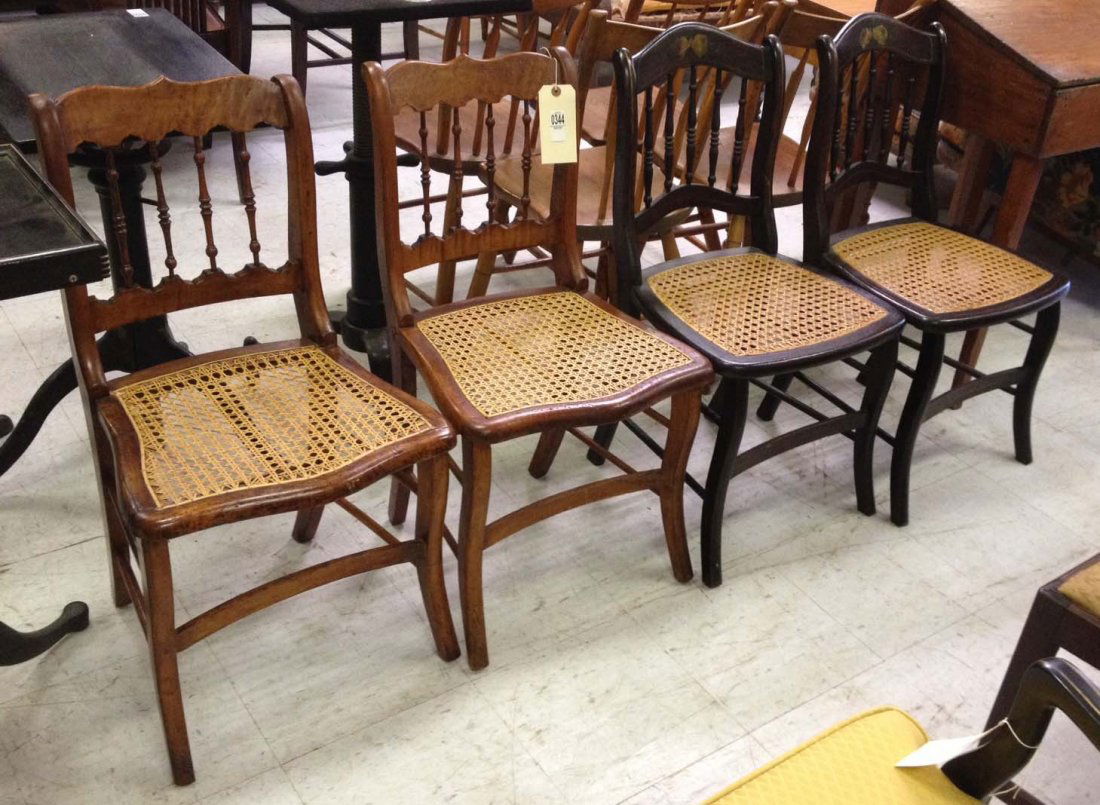 4 Caned seat chairs in 2 pairs one pair birds eye maple: 4 Caned seat chairs in 2 pairs one pair birds eye maple the other pair paint decorated