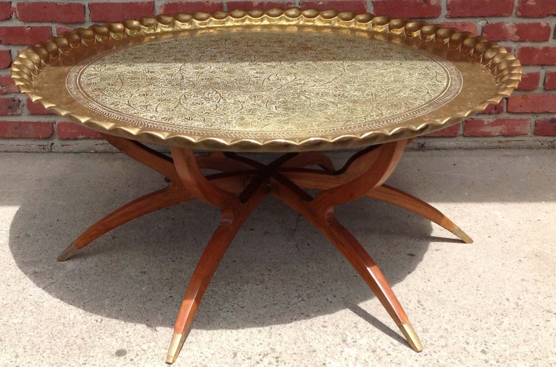 44 1/2" Dia brass tray table with mid century modern: 44 1/2" Dia brass tray table with mid century modern style base 19"h