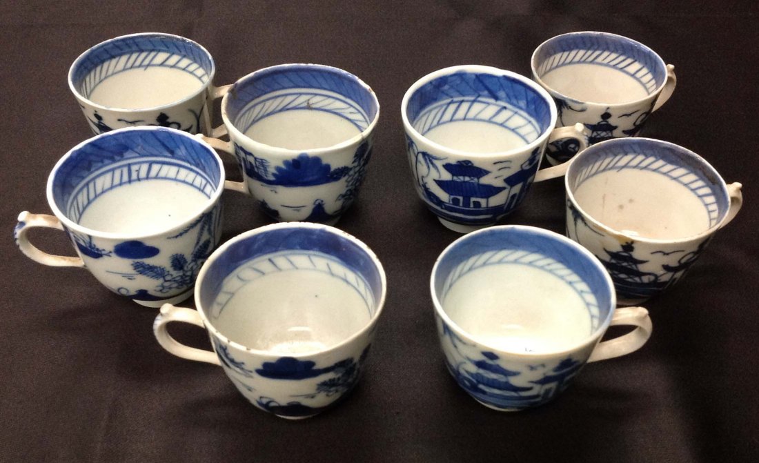 Lot of 8 early Canton Oriental blue & white cups,: Lot of 8 early Canton Oriental blue & white cups, measure 2 " high, as is, as pictured