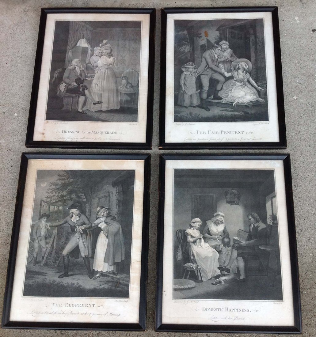 4 G. Morland classical European engravings, engraver: 4 G. Morland classical European engravings, engraver name is Bartoloti, titled as pictured frames measure 18 1/2 x 14 1/2