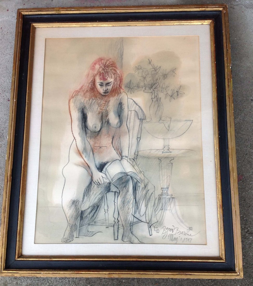 Byron Browne signed and dated May 1, 1957 drawing of: Byron Browne signed and dated May 1, 1957 drawing of nude woman, frame measures 32 1/2 x 26 1/2