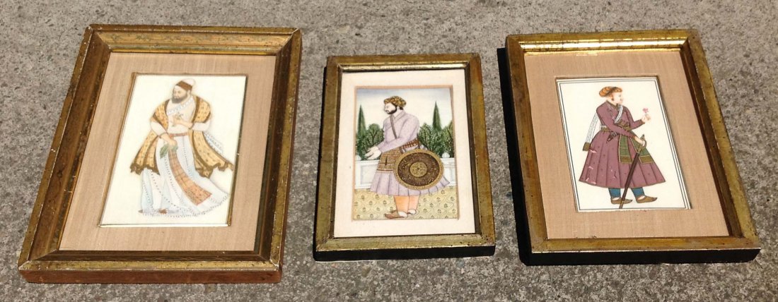 3 Paintings on bone of Indian men in antique gilt: 3 Paintings on bone of Indian men in antique gilt frames, measure 5" X 3", as pictured