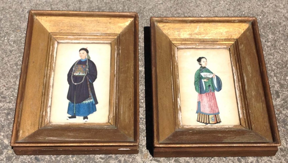 2 Paintings on paper of Asian couple in wooden frames,: 2 Paintings on paper of Asian couple in wooden frames, measure 6" X 3 1/2", as pictured