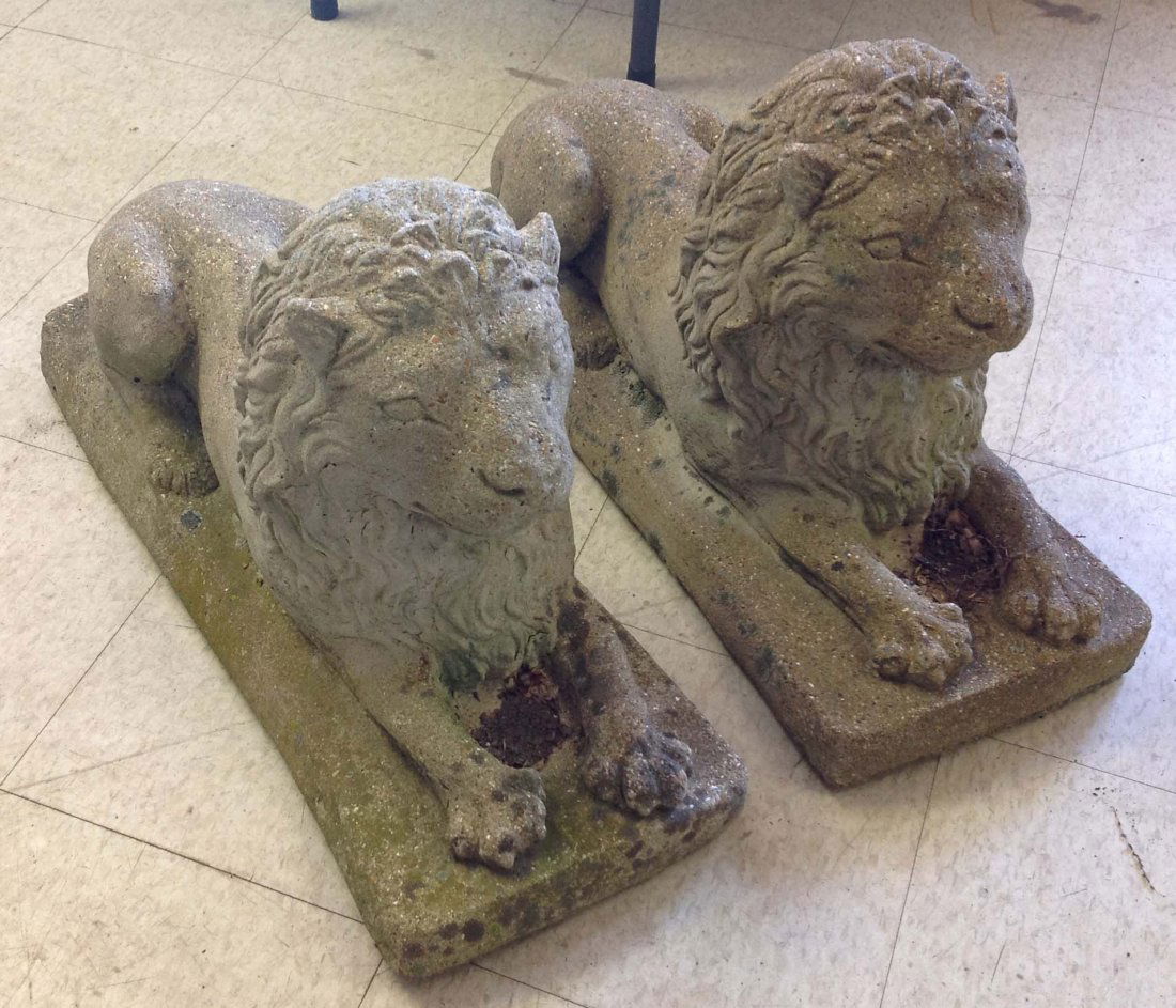 Pair of Cast stone & concrete garden Lions, laying Jul 12, 2014 JMW