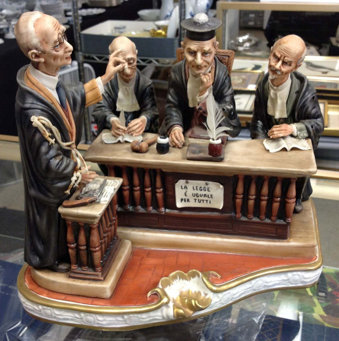 Large Capodimonte grouping "La Legge e Uguale Per: Large Capodimonte grouping "La Legge e Uguale Per Tutti" Good condition, strings need to be reattached to clothing on porcelain measures 11"h