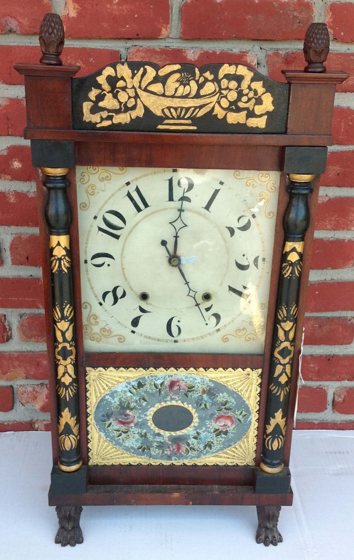 Jeromes & Darrow Ogee stenciled clock with reverse: Jeromes & Darrow Ogee stenciled clock with reverse painted doors, in estate as found condition, both weights included, measures 30" high to top of finial, as pictured