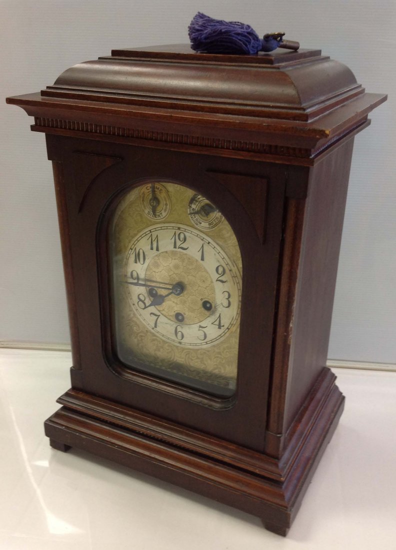 German Mahogany mantle chime clock, measures 17 x 11: German Mahogany mantle chime clock, measures 17 x 11 1/2 x 8