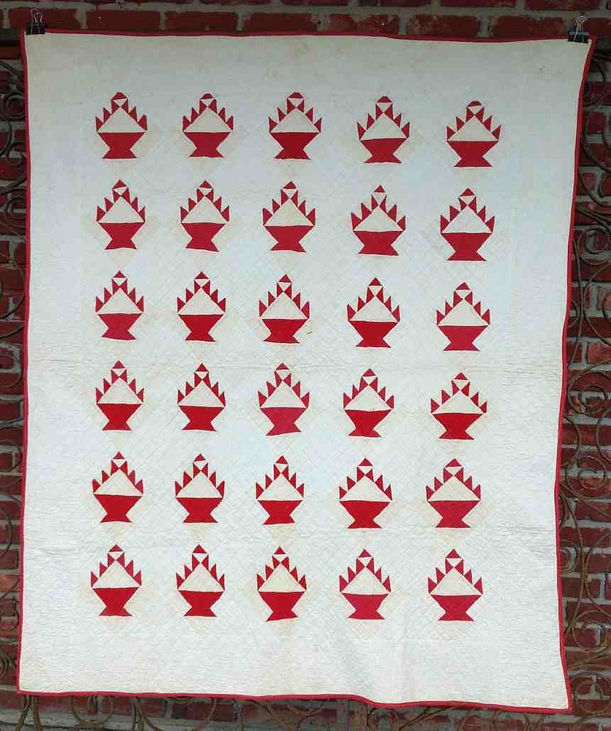 Estate Country Red & White Quilt Basket Like Design ?: Estate Country Red & White Quilt Basket Like Design ?, from Hudson Valley estate, overall good condition, a few small stains. Measures 68" x 56 1/2". Not sure of the pattern....