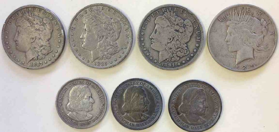 Estate :ot 4 Silver Dollars & 3 Colombian Halves: Estate :ot 4 Silver Dollars & 3 Colombian Halves, dates and condition as shown.