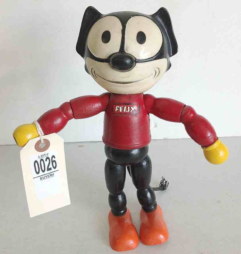 FELIX THE CAT KING FEATURES SYNDICATE JOINTED WOODEN: FELIX THE CAT KING FEATURES SYNDICATE JOINTED WOODEN WIDE EYE FIGURE, MEASURES 9 1/2", VERY NICE CONDITION.