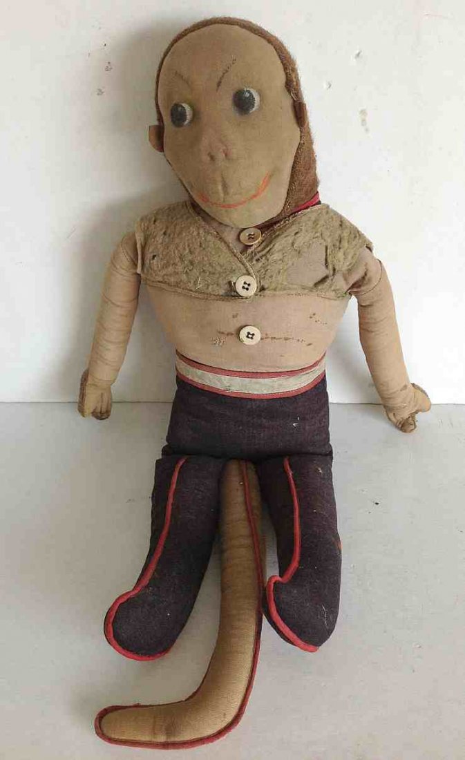 CIVIL WAR ERA STUFFED MONKEY IN UNIFORM, MEASURES 26: CIVIL WAR ERA STUFFED MONKEY IN UNIFORM, MEASURES 26 1/2", WITH PAINTED FEATURES, ASBESTOS VEST, HAS WEAR ON VEST AND OTHER SMALL AREAS.