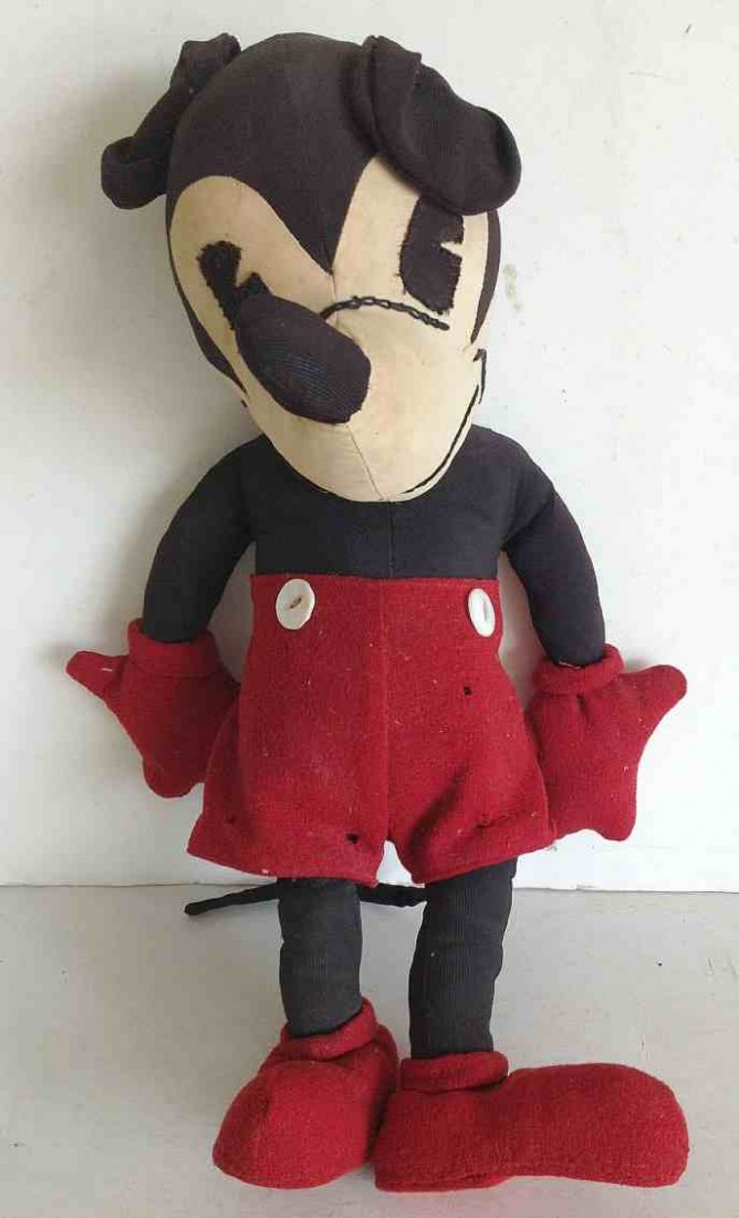 17" CIRCA 1940'S MICKEY MOUSE PIE EYED DOLL, ORIGINAL: 17" CIRCA 1940'S MICKEY MOUSE PIE EYED DOLL, ORIGINAL CLOTHES, STUFFED BODY, 2 SMALL HOLES IN SHORTS.