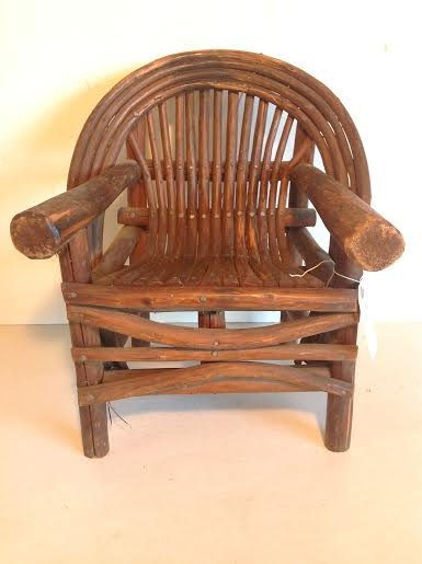 EARLY SMALL TWIG ADIRONDACK CHAIR, MEASURES 18" HIGH,: EARLY SMALL TWIG ADIRONDACK CHAIR, MEASURES 18" HIGH, 14" WIDE, FAN BACK, GOOD CONDITION, AS PICTURED