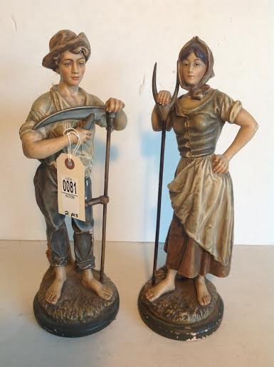 PAIR OF EARLY 1900'S PLASTER STATUES SIGNED C HENNECKE: PAIR OF EARLY 1900'S PLASTER STATUES SIGNED C HENNECKE CO, HUSBAND AND WIFE FARMERS WITH SICKLE & PITCH FORK, MEASURE 16" TALL, SOME PAINT LOSS, AS PICTURED