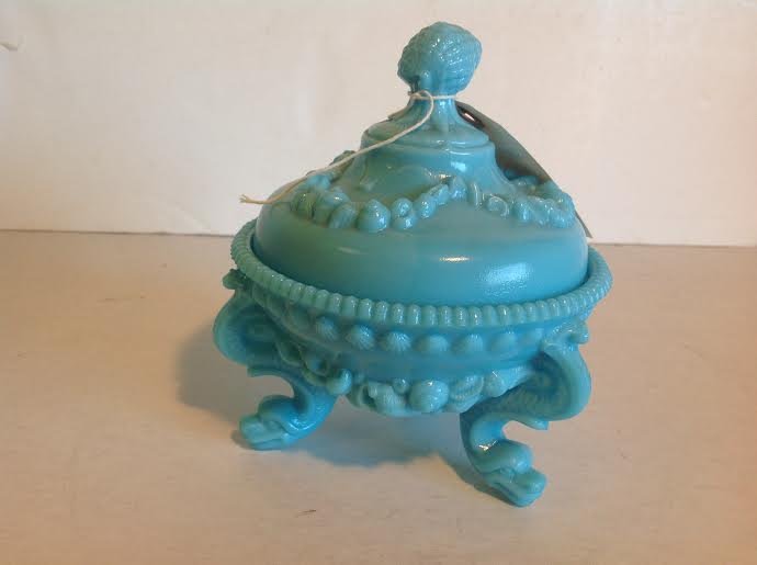 BLUE OPAQUE LIDDED BOWL SIGNED PV FRANCE WITH SEASHELLS: BLUE OPAQUE LIDDED BOWL SIGNED PV FRANCE WITH SEASHELLS AND DOLPHIN FEET, MEASURES 7" TALL, 6" WIDE, GOOD CONDITION, AS PICTURED