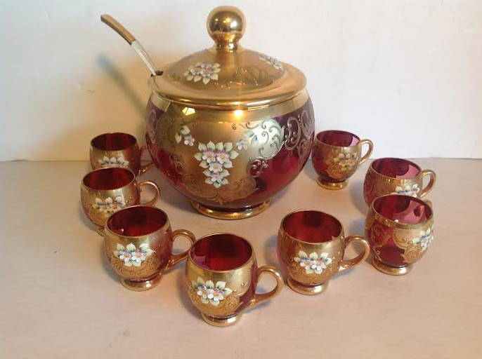 Bohemian Glass Punch Bowl Set With Gold & Enamel