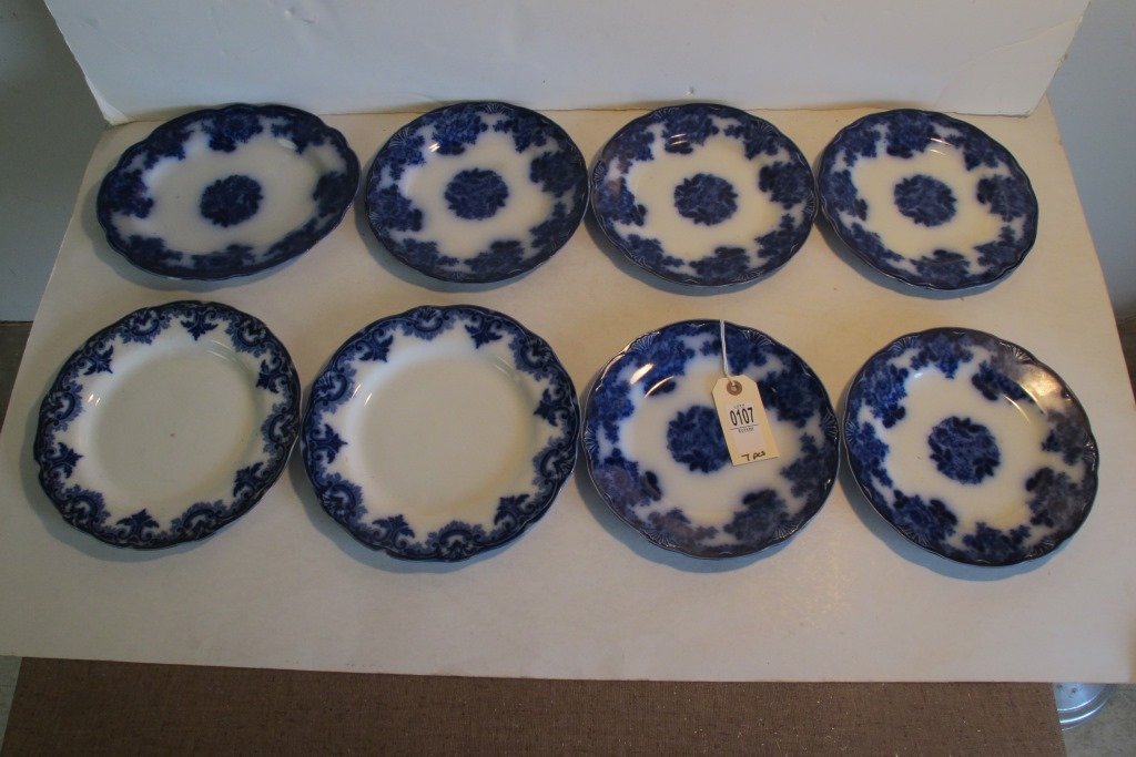 8 PCS FLOW BLUE PLATES, NEW WHARF POTTERY, GOOD: 8 PCS FLOW BLUE PLATES, NEW WHARF POTTERY, GOOD CONDITION, AS PICTURED