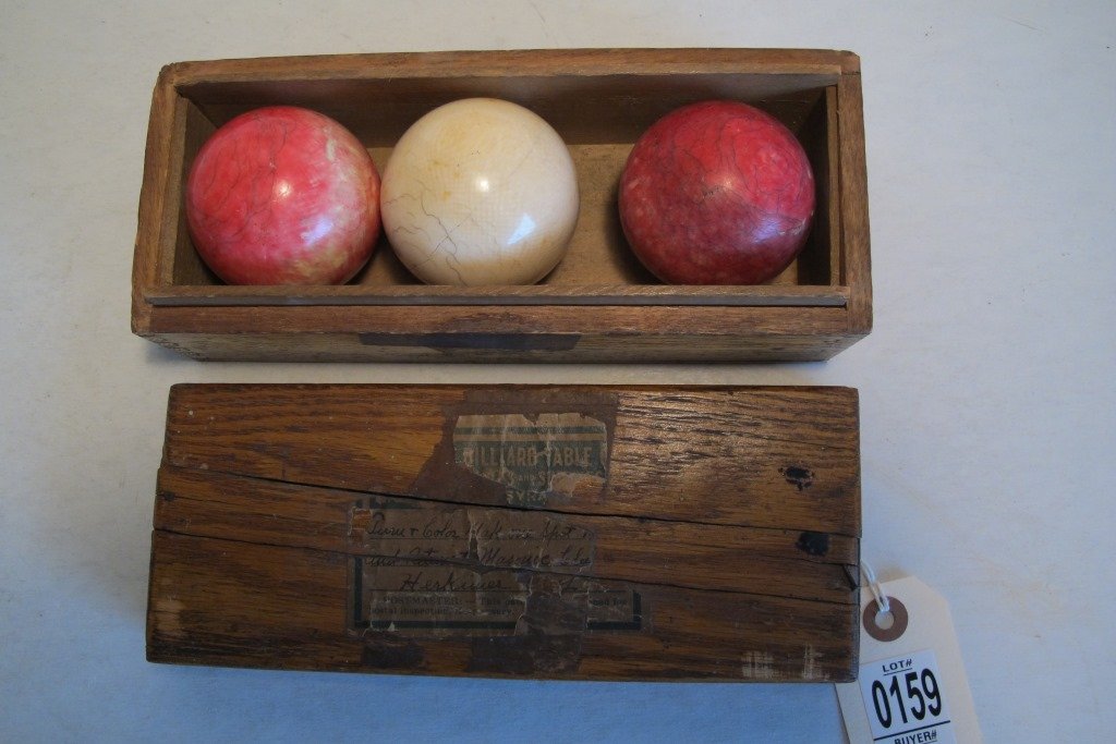 BOX SET OF 3 BILLIARD BALLS, 2 RED & 1 WHITE IN: BOX SET OF 3 BILLIARD BALLS, 2 RED & 1 WHITE IN ORIGINAL BOX, GOOD CONDITION, AS PICTURED, IVORY LIKE.....