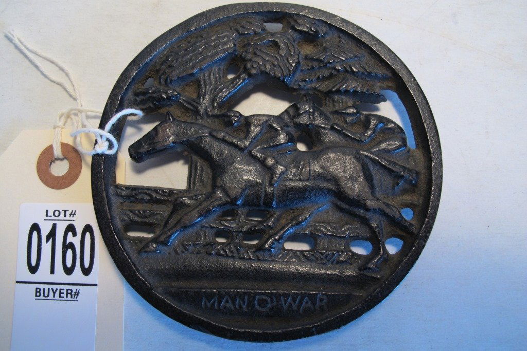 CAST IRON ADVERTISING TRIVET, MAN O WAR, HUNT CO.: CAST IRON ADVERTISING TRIVET, MAN O WAR, HUNT CO. BOSTON MASS, MEASURES 3 3/4" ACROSS, GOOD CONDITION, AS PICTURED