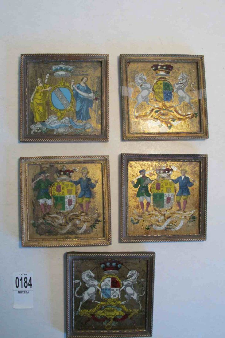 LOT OF 5 REVERSE PAINTED ON GLASS COAT OF ARMS, IN: LOT OF 5 REVERSE PAINTED ON GLASS COAT OF ARMS, IN FRAMES, EARLY 1900'S, MEASURE 4 1/2" SQUARE, SOME LOOSE IN FRAMES, AS PICTURED