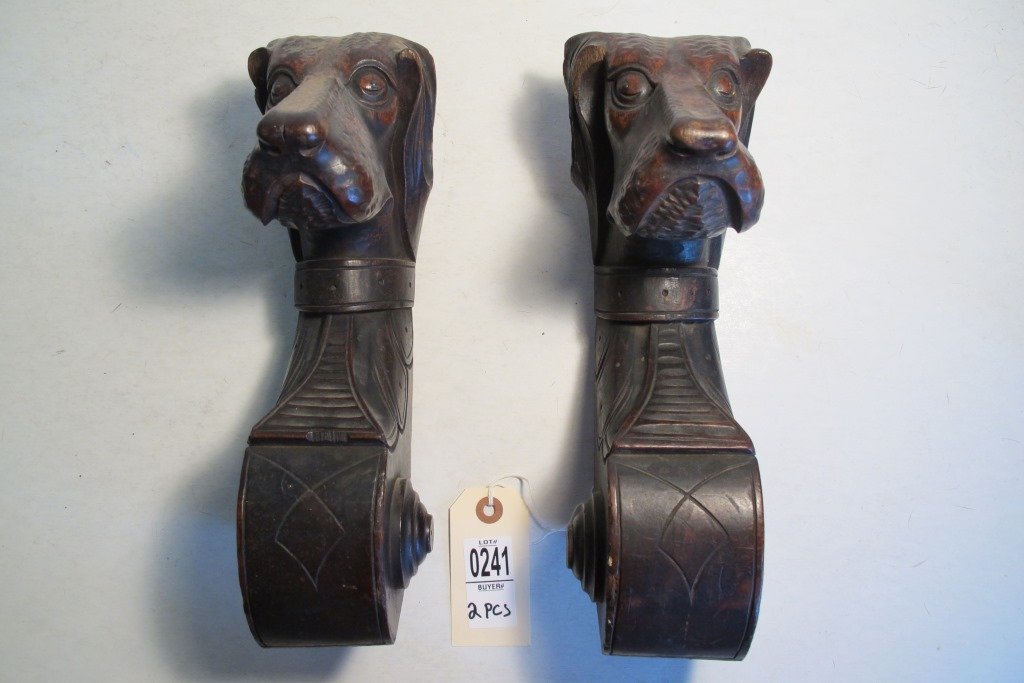 PAIR OF VICTORIAN CARVED WOODEN DOG ORNAMENTS, MEASURE: PAIR OF VICTORIAN CARVED WOODEN DOG ORNAMENTS, MEASURE 11 1/2" X 2 1/2", SLIGHT DAMAGE TO EARS, POSSIBLY FROM HUTCH OR CHAIR, AS PICTURED