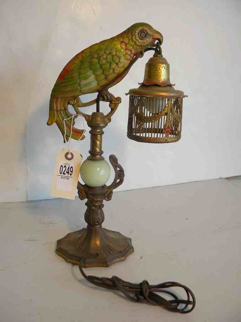Brass Lamp With Parrot Holding Bird Cage W cold Paint