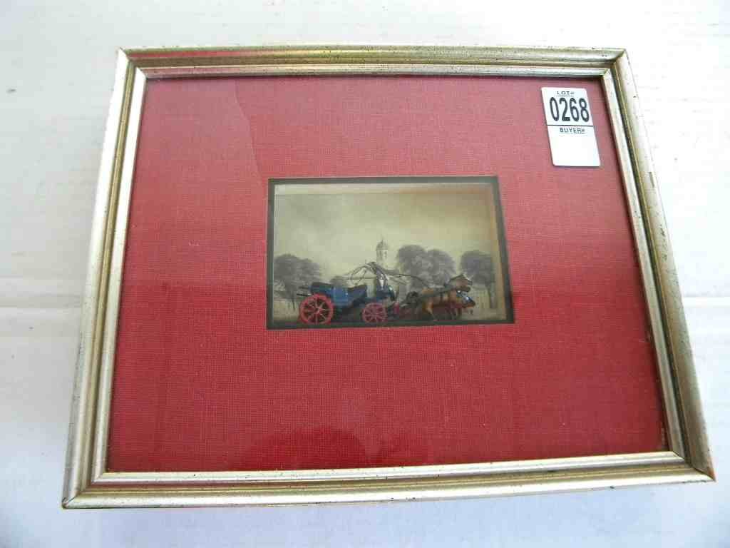 MINIATURE LANDAU COACH WITH HORSES W/HARVARD COLLEGE IN: MINIATURE LANDAU COACH WITH HORSES W/HARVARD COLLEGE IN BACKGROUND, FROM JAMES CAGNEY ESTATE, FRAMED IN SHADOW BOX, MEASURES 4 1/4" X 3", GOOD CONDITION, AS PICTURED