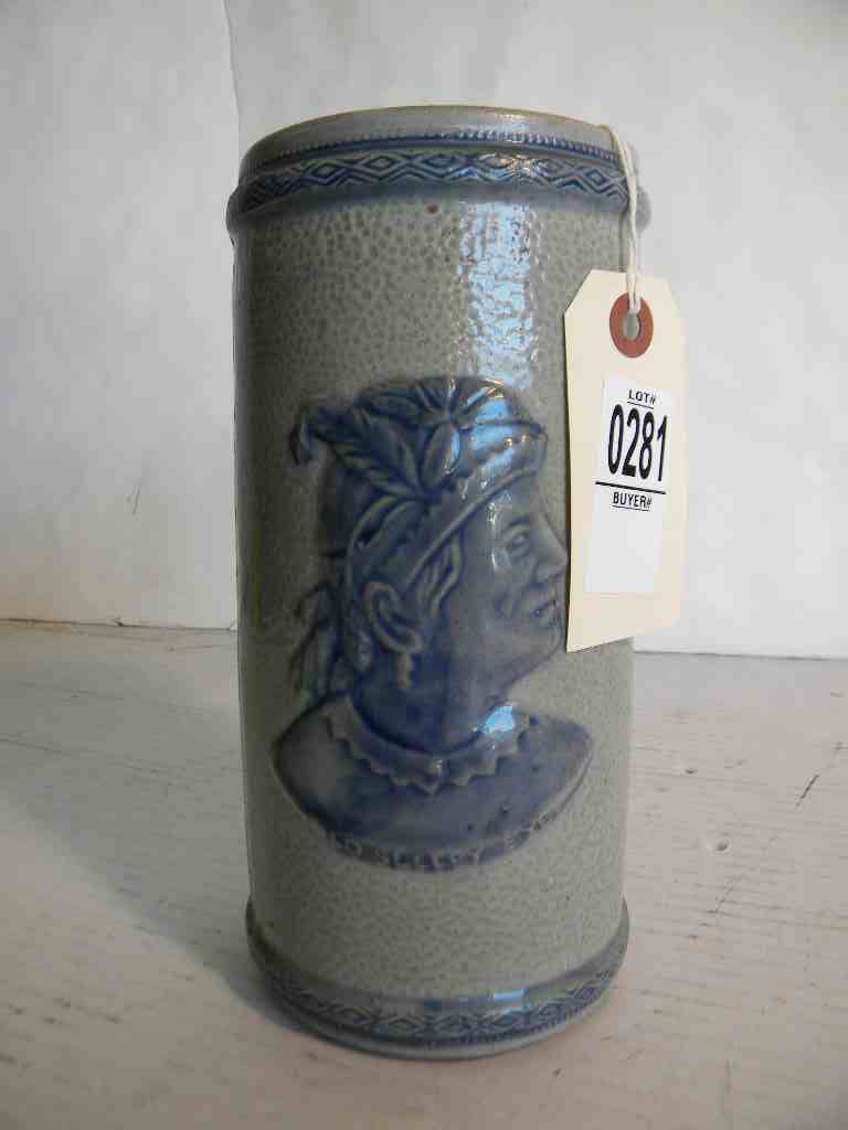 STONEWARE VASE WITH OLD SLEEPY EYE MAN ON ONE SIDE AND: STONEWARE VASE WITH OLD SLEEPY EYE MAN ON ONE SIDE AND DRAGONFLY ON OTHER, BLUE & WHITE, MEASURES 8 1/2" TALL, GOOD CONDITION, AS PICTURED