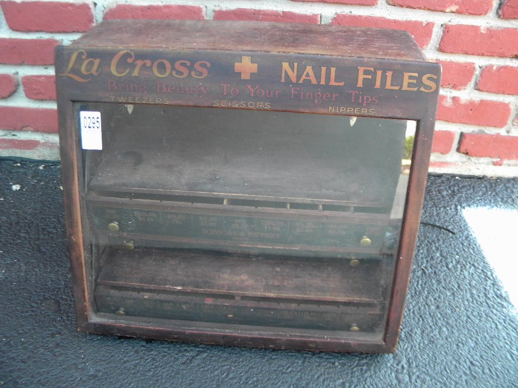 LA CROSS NAIL FILES DISPLAY CABINET, MULTI DRAWERS,: LA CROSS NAIL FILES DISPLAY CABINET, MULTI DRAWERS, GLASS FRONT, MEASURES 18" ACROSS, 16" TALL, 10" DEEP, GOOD CONDITION, AS PICTURED