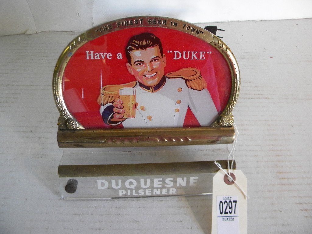 DUQUESNE PILSENER BACK BAR ADVERTISING LIGHT, "HAVE A: DUQUESNE PILSENER BACK BAR ADVERTISING LIGHT, "HAVE A DUKE", MEASURES 8 1/2" WIDE, 8" TALL, GOOD CONDITION, AS PICTURED