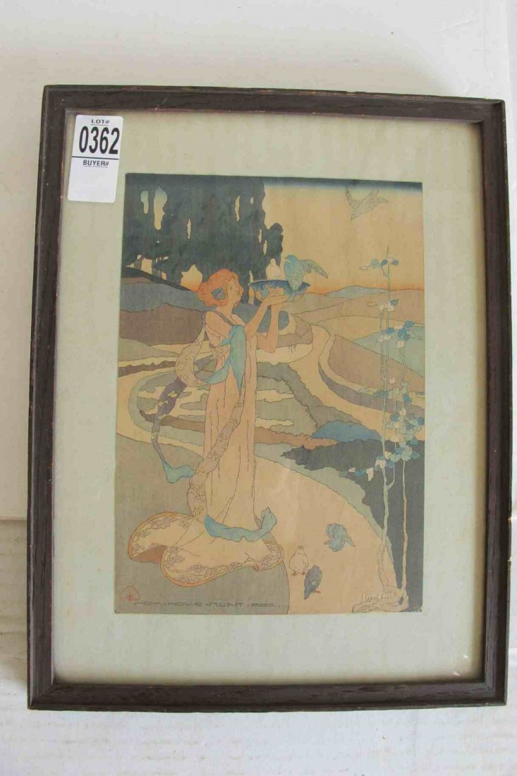 ART DECO PRINT SIGNED ADA HOWE KENT 1902, WOMAN FEEDING: ART DECO PRINT SIGNED ADA HOWE KENT 1902, WOMAN FEEDING BIRDS, FRAMED, FRAME MEASURES 9 3/4" X 12 1/2", GOOD CONDITION, AS PICTURED