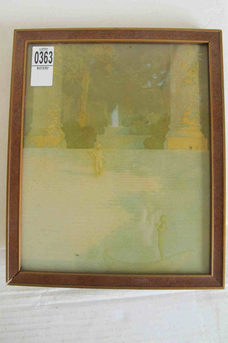 ART DECO PRINT OF MAN ON STAIRS AND MAN IN BOAT,: ART DECO PRINT OF MAN ON STAIRS AND MAN IN BOAT, MAXFIELD PARRISH(?), FRAMED, FRAME MEASURES 9 1/2" X 11 1/2", GOOD CONDITION, AS PICTURED