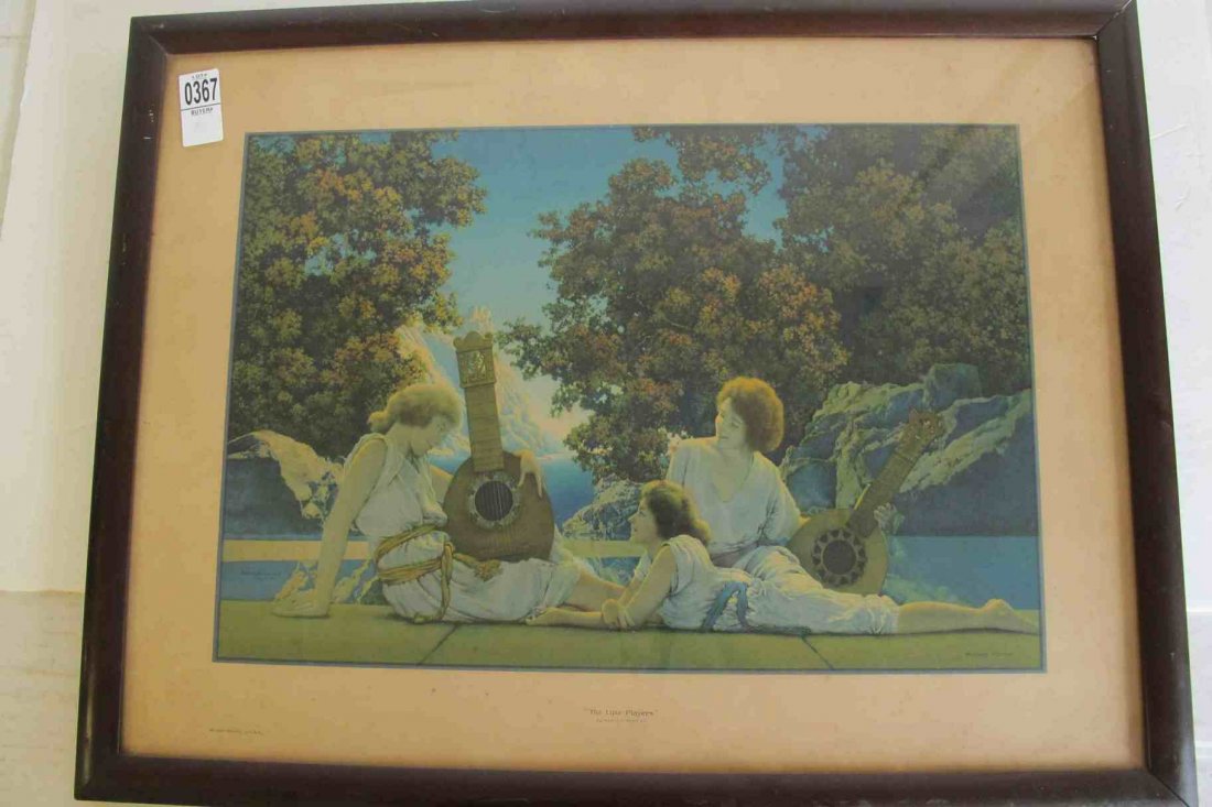 MAXFIELD PARRISH PRINT-THE LUTE PLAYERS, 3 WOMEN WITH 2: MAXFIELD PARRISH PRINT-THE LUTE PLAYERS, 3 WOMEN WITH 2 INSTRUMENTS, FRAMED, SOME FOXING ON RIGHT BORDER, FRAME MEASURES 24" X 18 1/2", AS PICTURED