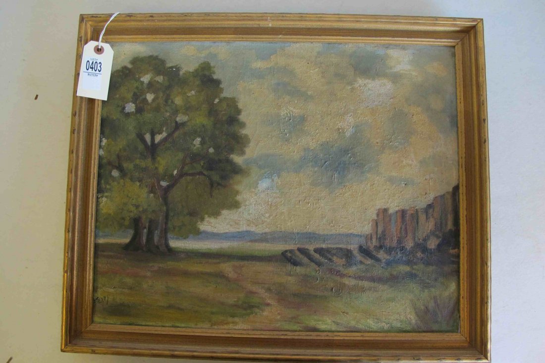 IMPRESSIONIST O/C LANDSCAPE SIGNED F. TERRY, POSSIBLY: IMPRESSIONIST O/C LANDSCAPE SIGNED F. TERRY, POSSIBLY WOODSTOCK ARTIST(?), FRAMED, FRAME MEASURES 22 1/2" X 18 1/2", GOOD CONDITION, AS PICTURED