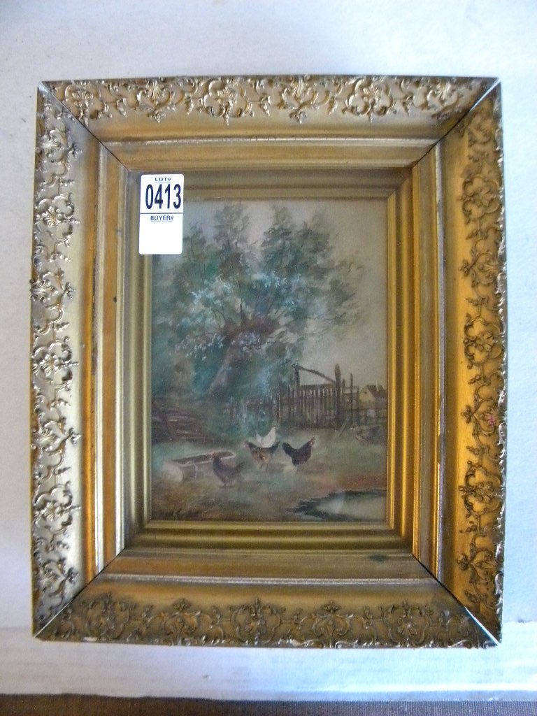 W/C ON BOARD OF CHICKENS SIGNED NELL CORBETT, IN SHADOW: W/C ON BOARD OF CHICKENS SIGNED NELL CORBETT, IN SHADOW BOX GILDED FRAME, HAS WATER TROUGH, FENCE AND HOUSE IN BACKGROUND, FRAME MEASURES 12 1/2" X 10 1/2", GOOD CONDITION, AS PICTURED