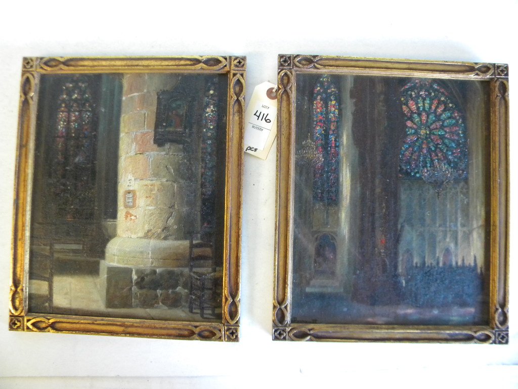 2 0/B PAINTINGS OF CHURCH INTERIOR, 1 SIGNED PRINAUET,: 2 0/B PAINTINGS OF CHURCH INTERIOR, 1 SIGNED PRINAUET, INSIDE OF CHURCH WITH STAINED GLASS, NICE COLORS, FRAMED, FRAMES MEASURE 12" X 10", GOOD CONDITION, AS PICTURED