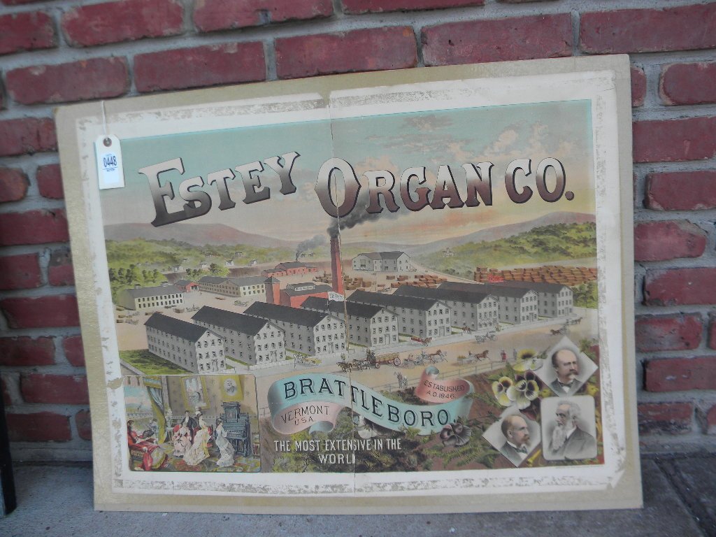 ESTEY ORGAN CO BRATTLEBORO VT ADVERTSISING POSTER,: ESTEY ORGAN CO BRATTLEBORO VT ADVERTSISING POSTER, SHOWS FACTORY, OWNERS, HORSE & WAGON, AND LADIES PLAYING ORGAN, GLUED TO BOARD, CENTERFOLD CREASE, BORDERS HAVE SOME DAMAGE, POSTER MEASURES 32" X 25