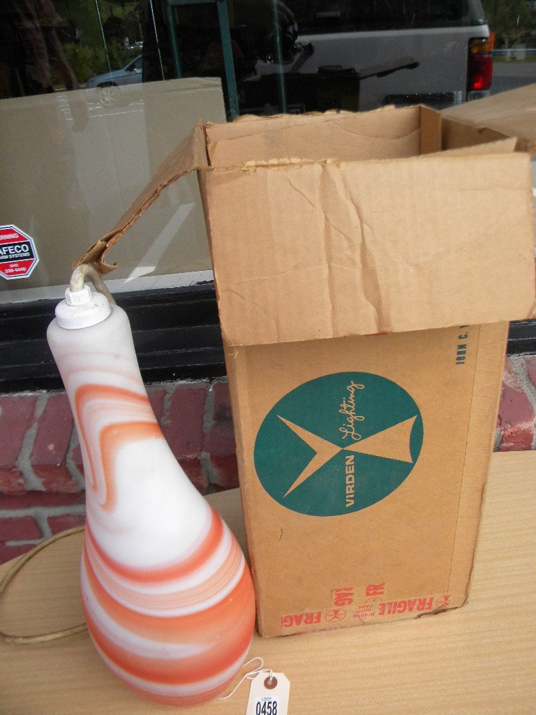 MID CENTURY MODERN GLASS HANGING LIGHT, VIRDEN: MID CENTURY MODERN GLASS HANGING LIGHT, VIRDEN LIGHTING, RUBY SWIRL SHADE, IN ORIGINAL BOX, MEASURES 18 1/2" TALL, GOOD CONDITION, AS PICTURED