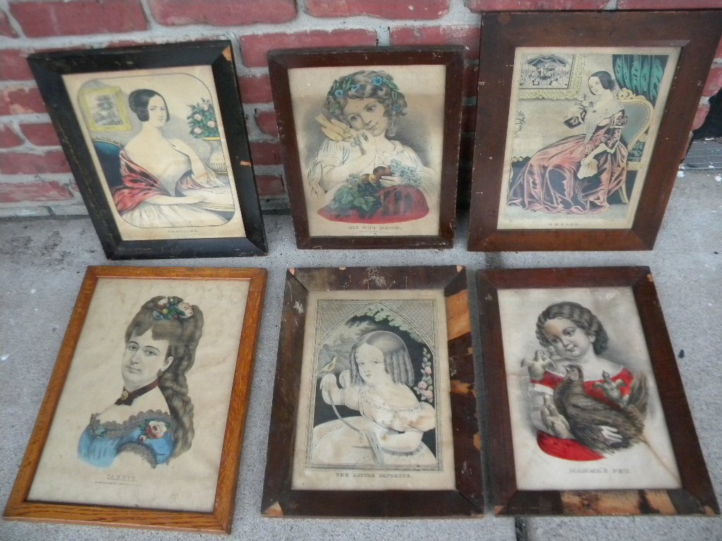 6 CURRIER & IVES FRAMED ORIGINAL PRINTS OF: 6 CURRIER & IVES FRAMED ORIGINAL PRINTS OF WOMEN-TITLED: MY PET BIRD, CAROLINE, THE LITTLE FAVORITE, MAMMA'S PET, AMELIA & CARRIE, SOME HAVE FOXING ON PRINTS, SOME WEAR TO FRAMES, AS PICTURED