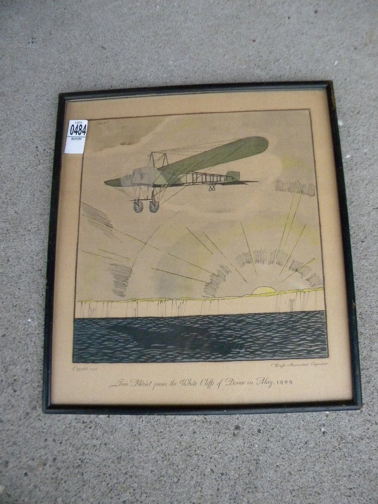 PRINT OF EARLY PLANE TITLED LOUIS BLERIOT PASSES THE: PRINT OF EARLY PLANE TITLED LOUIS BLERIOT PASSES THE WHITE CLIFFS OF DOVER IN MAY 1909, COPYRIGHT 1928 BY WRIGHT AERONAUTICAL CORP, SIGNED LEMON, FRAME MEASURES 14"X 16", GOOD CONDITION, AS PICTURED