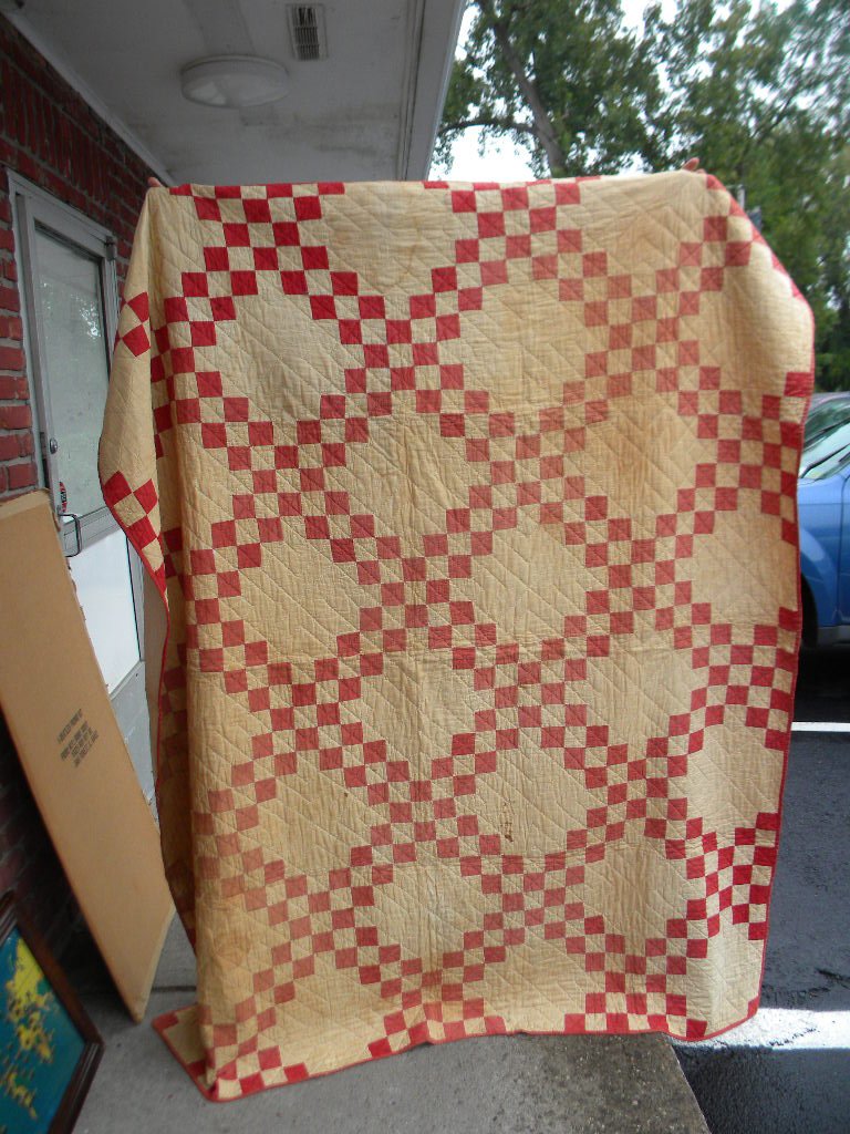 LOT OF 2 QUILTS AND 1 BLANKET- 1 RED & WHITE CHECKED: LOT OF 2 QUILTS AND 1 BLANKET- 1 RED & WHITE CHECKED QUILT, MEASURES 70" X 78", HAS SOME STAINS, 1 MULTI COLORED QUILT, MEASURES 66 3/4" X 80 3/4", HAS SOME STAINS, TEARS & DAMAGE ON BORDERS, AND 1 ME