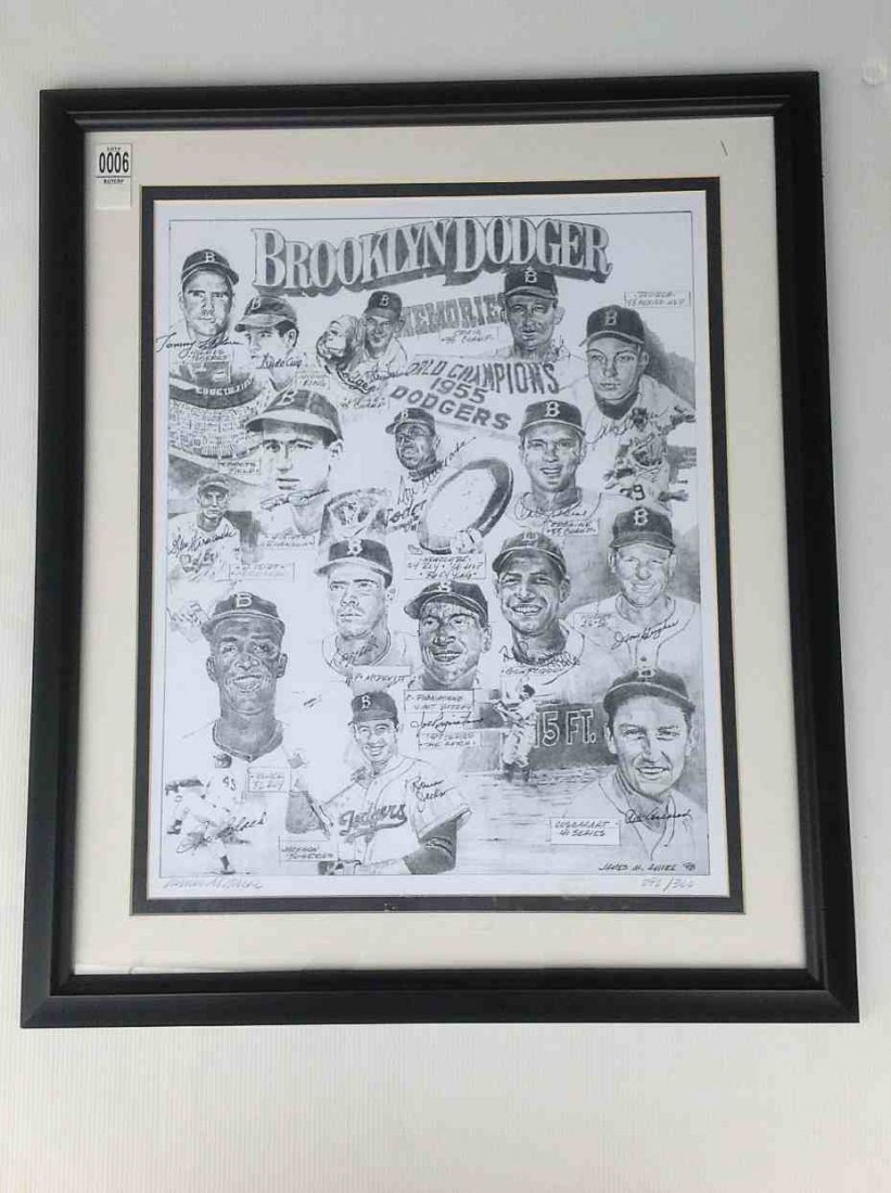 BROOKLYN DODGERS SIGNED LE PRINT BY 16 PLAYERS 292/300,: BROOKLYN DODGERS SIGNED LE PRINT BY 16 PLAYERS 292/300, BY JAMES M. AMORE. PRINT IS 20" X 16". PLAYERS ARE HOLMES, KING, LABINE, CRAIG, PODRES, ERSKINE, NEWCOMBE, JORGENSON, HERMANSKI, BLACK, MCDEVITT