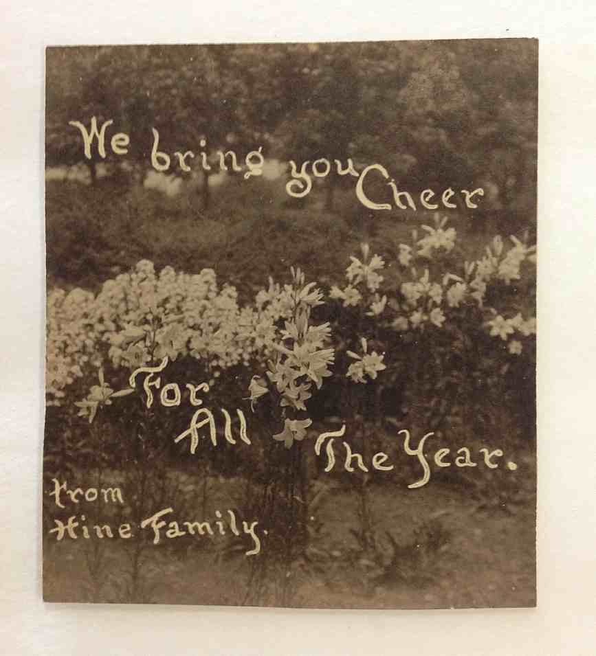 LEWIS W HINE PHOTOGRAPH AUNT SARA'S FLOWERS, WITH WE: LEWIS W HINE PHOTOGRAPH AUNT SARA'S FLOWERS, WITH WE BRING YOU CHEER FOR ALL THE YEAR. FROM THE HINE FAMILY, MEASURES 5" X 4". FROM THE WALTER RICH ESTATE COLLECTION.