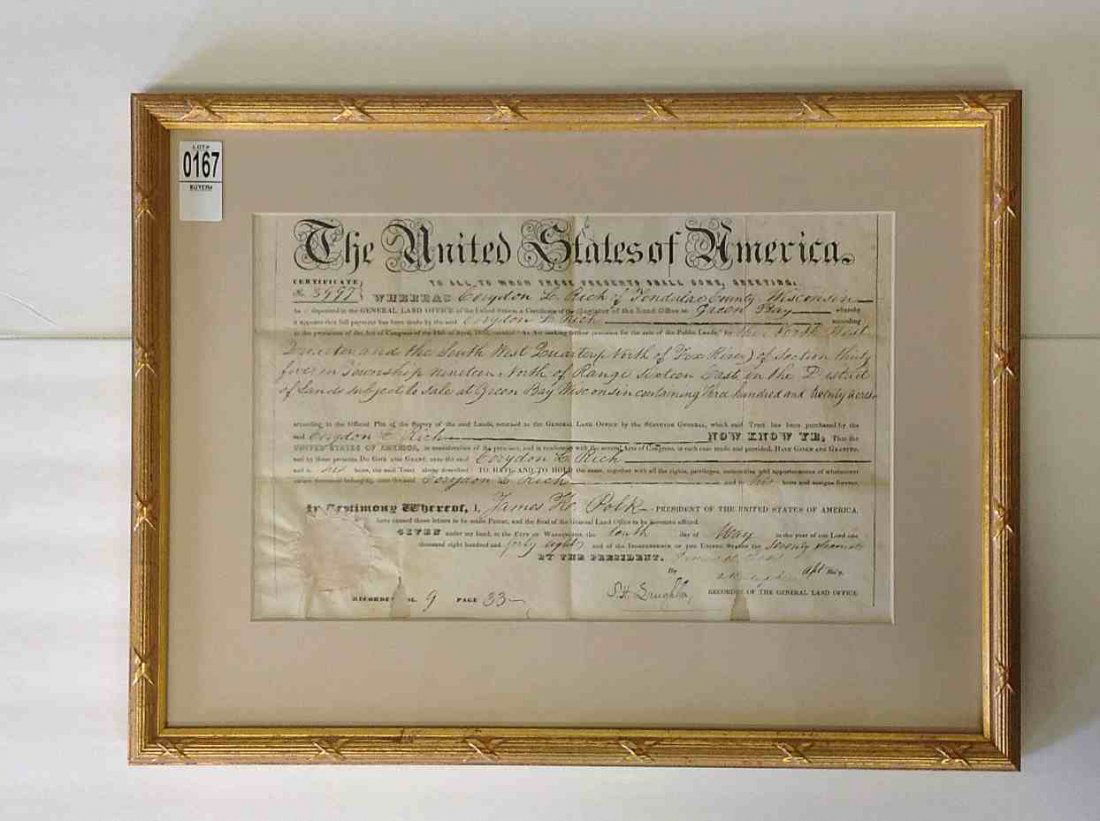 JAMES K POLK 1848 GREEN BAY WISCONSIN RICH FAMILY: JAMES K POLK 1848 GREEN BAY WISCONSIN RICH FAMILY SECRETARIAL SIGNED LAND GRANT, NICELY FRAMED AND MATTED. SMALL TEAR ON BOTTOM LEFT BORDER. FRAME MEASURES 16" X 21". FROM THE WALTER RICH ESTATE COLLE