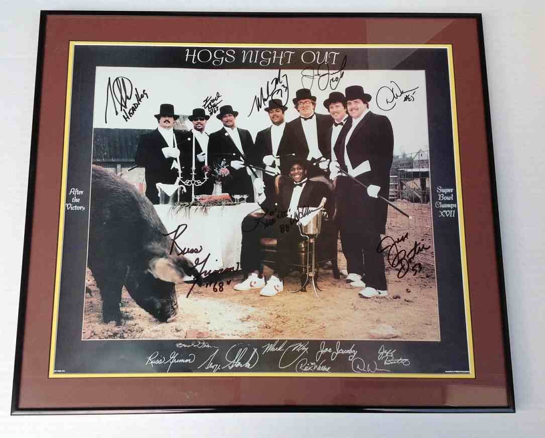 SIGNED WASHINGTON REDSKINS PHOTO TITLED HOGS NIGHT OUT,: SIGNED WASHINGTON REDSKINS PHOTO TITLED HOGS NIGHT OUT, BY ALL THE HOGS PICTURED, FRAME MEASURES 19" X 22". FROM THE WALTER G. RICH ESTATE COLLECTION.