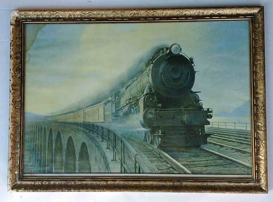 PRINT OF THE PENNSYLVANIA RAILROAD TRAIN RUNNING,: PRINT OF THE PENNSYLVANIA RAILROAD TRAIN RUNNING, ORIGINAL PAINTING BY HAROLD M. BRETT, OLD WATER STAIN IN UPPER LEFT CORNER. FRAME MEASURES 20" X 28". FRAME HAS SOME GESSO FLAKING. FROM THE WALTER G.