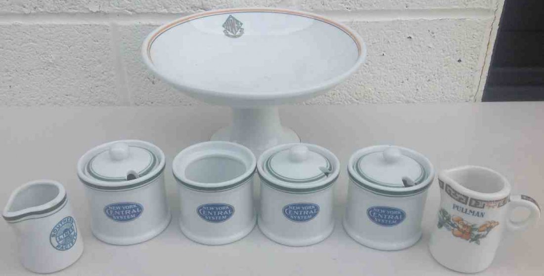 8 PCS. MISC. RAILROAD CHINA PCS. INCL. 4 NY CENTRAL: 8 PCS. MISC. RAILROAD CHINA PCS. INCL. 4 NY CENTRAL (ONE MISSING LID), PULLMAN CREAMER, SOUTHERN PACIFIC CREAMER, AND HWS NEW YORK TOLEDO COMPOTE. FROM THE WALTER G. RICH ESTATE COLLECTION.* THESE ITE
