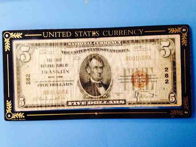 FIRST NATIONAL BANK OF FRANKLIN NY $5 BILL, SERIES: FIRST NATIONAL BANK OF FRANKLIN NY $5 BILL, SERIES 1929, CREASES, FROM ESTATE COLLECTION OF WALTER G RICH, AS PICTURED