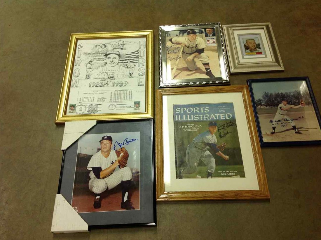 6 SIGNED BASEBALL PIECES INCLUDING PHOTOGRAPHS, PLAYERS: 6 SIGNED BASEBALL PIECES INCLUDING PHOTOGRAPHS, PLAYERS ARE GEORGE KELL, CLETE BOYER, CLEM LABINE- 1957 SPORTS ILLUSTRATED, JIM BOUTON, CLEM LABINE SIGNED BASEBALL CARD, AND UNSIGNED LOU GEHRIG FIRST 